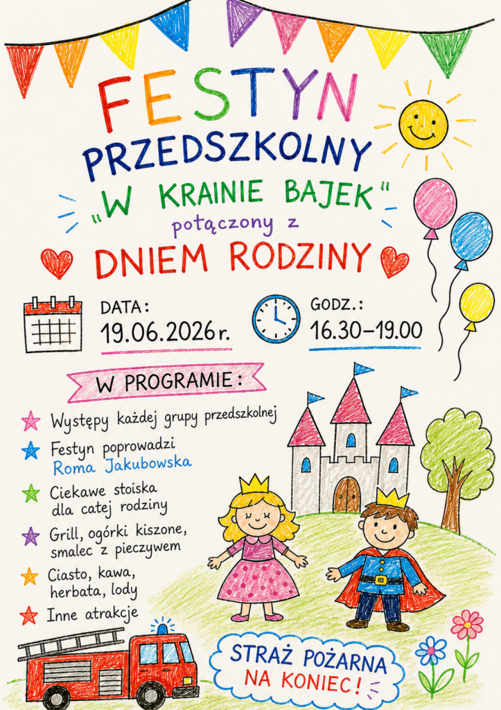 Kolorowy plakat w dziecięcym, odręcznym stylu zapraszający na „Festyn Przedszkolny „W Krainie Bajek” połączony z Dniem Rodziny”. U góry znajdują się kolorowe proporczyki, uśmiechnięte słońce i balony. Termin wydarzenia: 19.06.2026 r., godz. 16:30–19:00. W programie: występy każdej grupy przedszkolnej, prowadzenie przez Romę Jakubowską, ciekawe stoiska dla całej rodziny, grill, ogórki kiszone i smalec z pieczywem, ciasto, kawa, herbata, lody oraz inne atrakcje. W dolnej części ilustracja bajkowego zamku, księżniczki i księcia, drzewa, kwiatów oraz czerwonego wozu strażackiego. Na końcu zapowiedziana atrakcja: „Straż pożarna na koniec!”.
